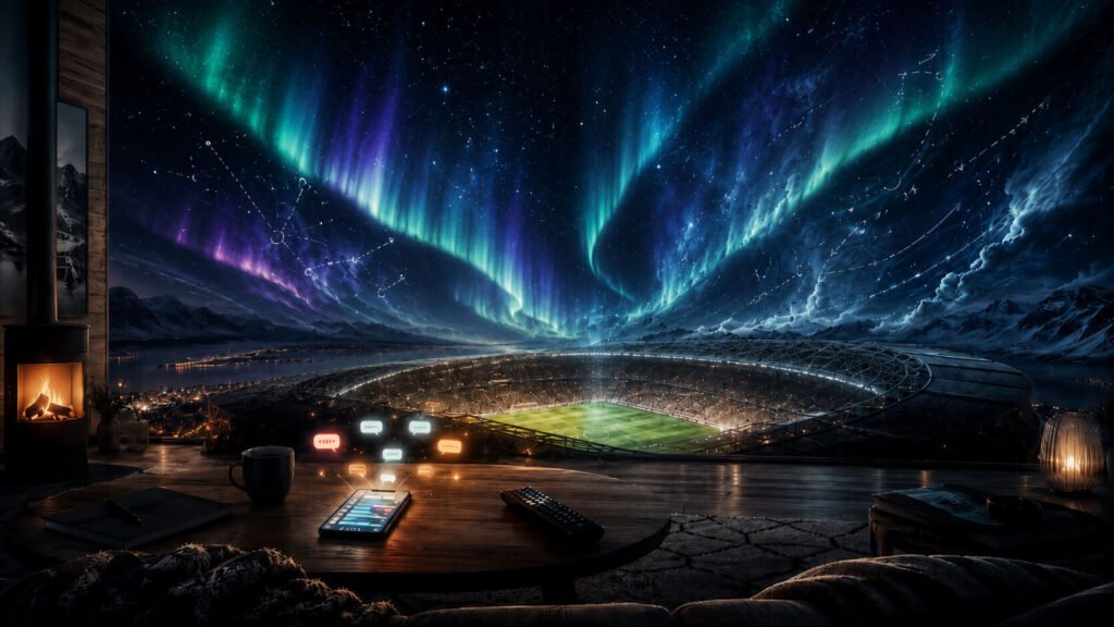 Et koselig hyttebord med kaffe, en telefon som viser chat-varsler, og en fjernkontroll har utsikt over et fjernt flomlyst stadion og snødekte fjell under et sveipende nordlys og stjernehimmel.