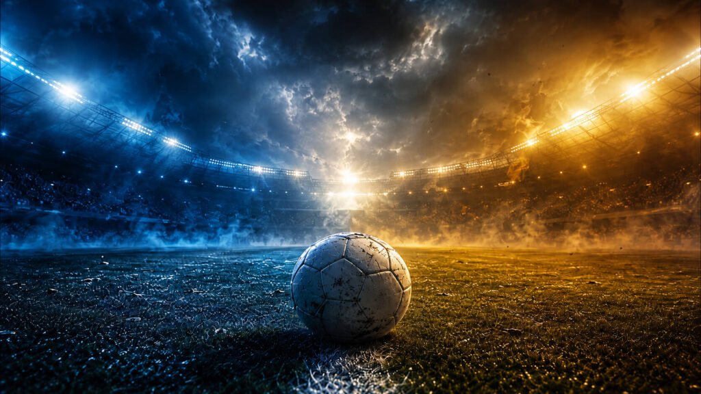 En værslitt fotball ligger midt på banen under en dramatisk stadionhimmel delt mellom kjølig blått lyskasterlys på venstre side og varmt gyllent lys på høyre side, med røyk som driver over banen.