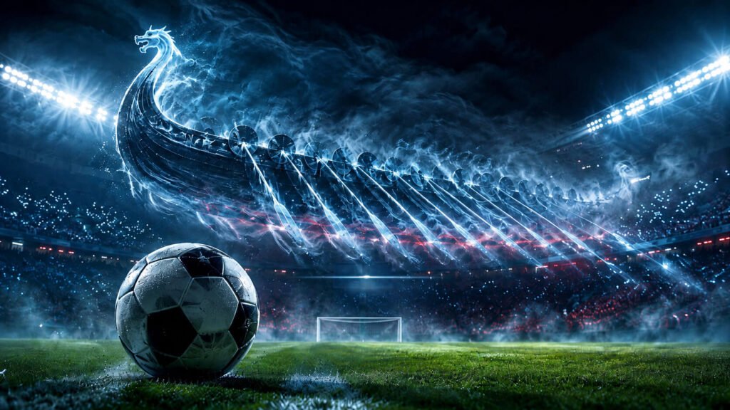 Et gjennomsiktig, spøkelsesaktig norsk vikingskip glir stille gjennom nattehimmelen over et sterkt opplyst fotballstadion, med det spøkelsesaktige seilet blafrende mens flomlysene lyser opp banen under. Bildet illustrerer et sammendrag av Norges VM-kamp mot Elfenbenskysten og en forhåndsomtale av den kommende kampen mot Brasil.