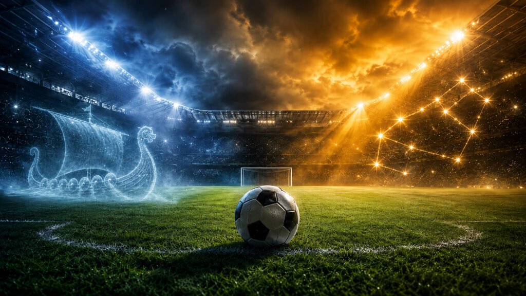 Et flomlyst fotballstadion om natten, med en atmosfære delt i to farger: kjølige blånyanser som brer seg over venstre side av banen og tribunene, i kontrast til varme, gyldne gultoner på høyre side, som fremkaller rivaliseringen mellom de to nasjonene. En fotball ligger på banen i forgrunnen. Bildet setter scenen for et tilbakeblikk på Norges og Brasils innbyrdes historie — fire møter i løpet av de siste 38 årene, hvor Norge har vunnet to ganger og spilt uavgjort to ganger — foran spørsmålet om Norge kan skape overraskelse mot de fem gangers verdensmesterne.