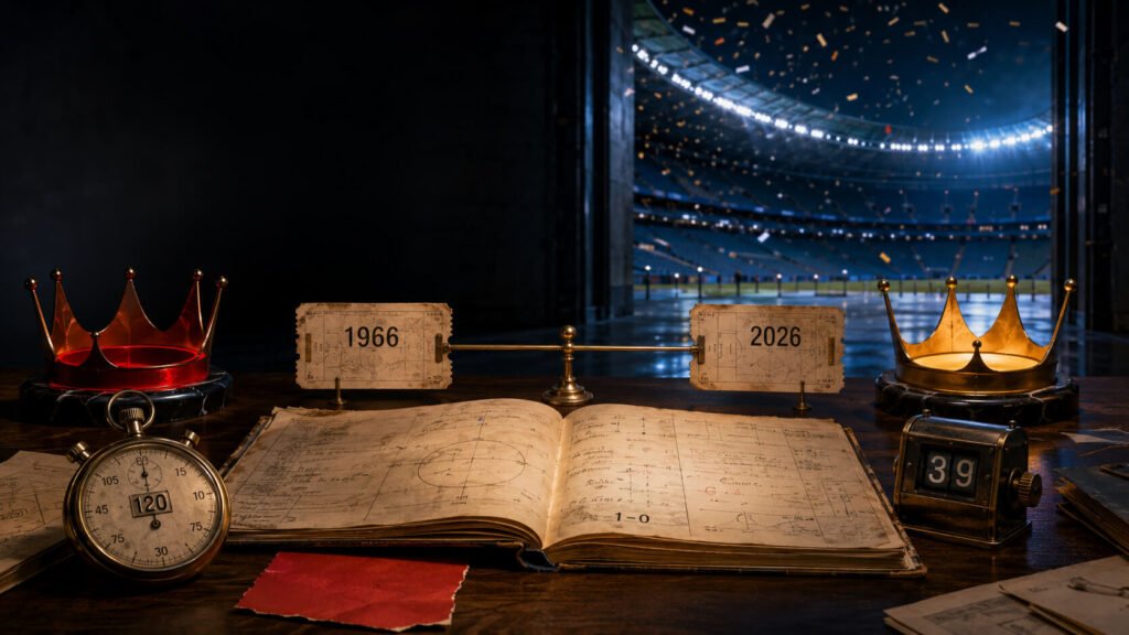 En skrivebordsoppstilling viser to kroner, en stoppeklokke, en gammel, åpen notatbok med kampdiagrammer, og en vekt som veier billetter merket '1966' og '2026,' med et konfettifylt stadion synlig i bakgrunnen.