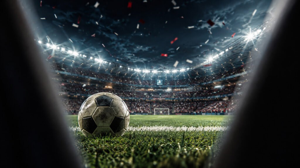 En fotball ligger på gresset i kanten av banen på et stadion om natten, med sterke lyskastere, et fullsatt publikum og konfetti som faller gjennom luften i bakgrunnen.