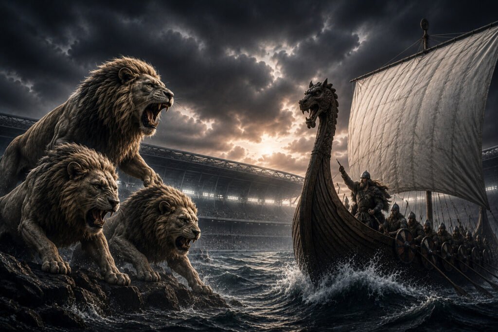 Tre brølende løver på en steinete kyst vender seg mot et vikingskip med krigere og et dragehodet baugsprydd, som seiler gjennom stormfulle bølger, med et stadion og dramatiske skyer i bakgrunnen.