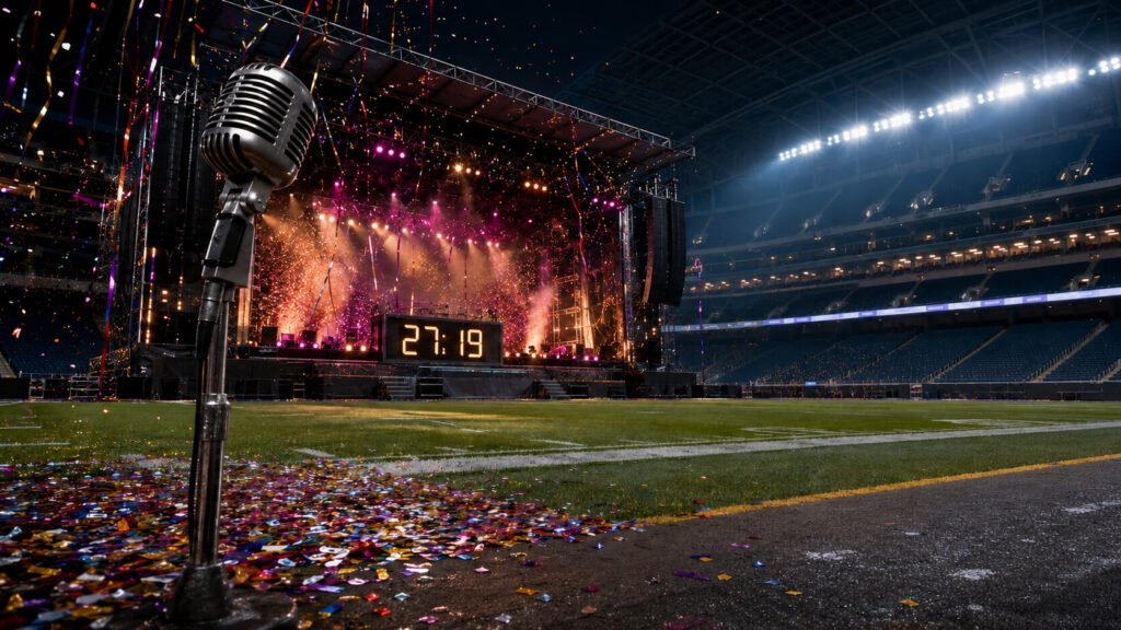 En gammeldags mikrofon står på et konfettistrødd stadionfelt, vendt mot en opplyst konsertscene med en nedtellingsklokke som viser 27:19, med serpentiner og fyrverkeri som fyller luften, og tomme tribuner i bakgrunnen.