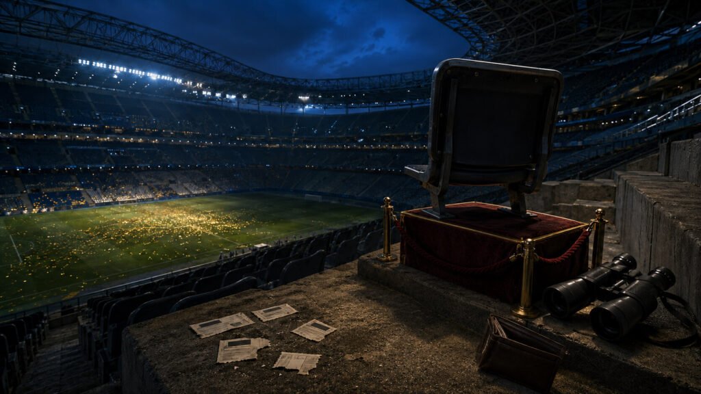 En hevet stadionplattform har et avsperret sete med fløyelstopp, en kikkert, en tom lommebok og spredte billettstubber, med utsikt over en fullsatt stadionbane om natten fylt med glødende mobillys.